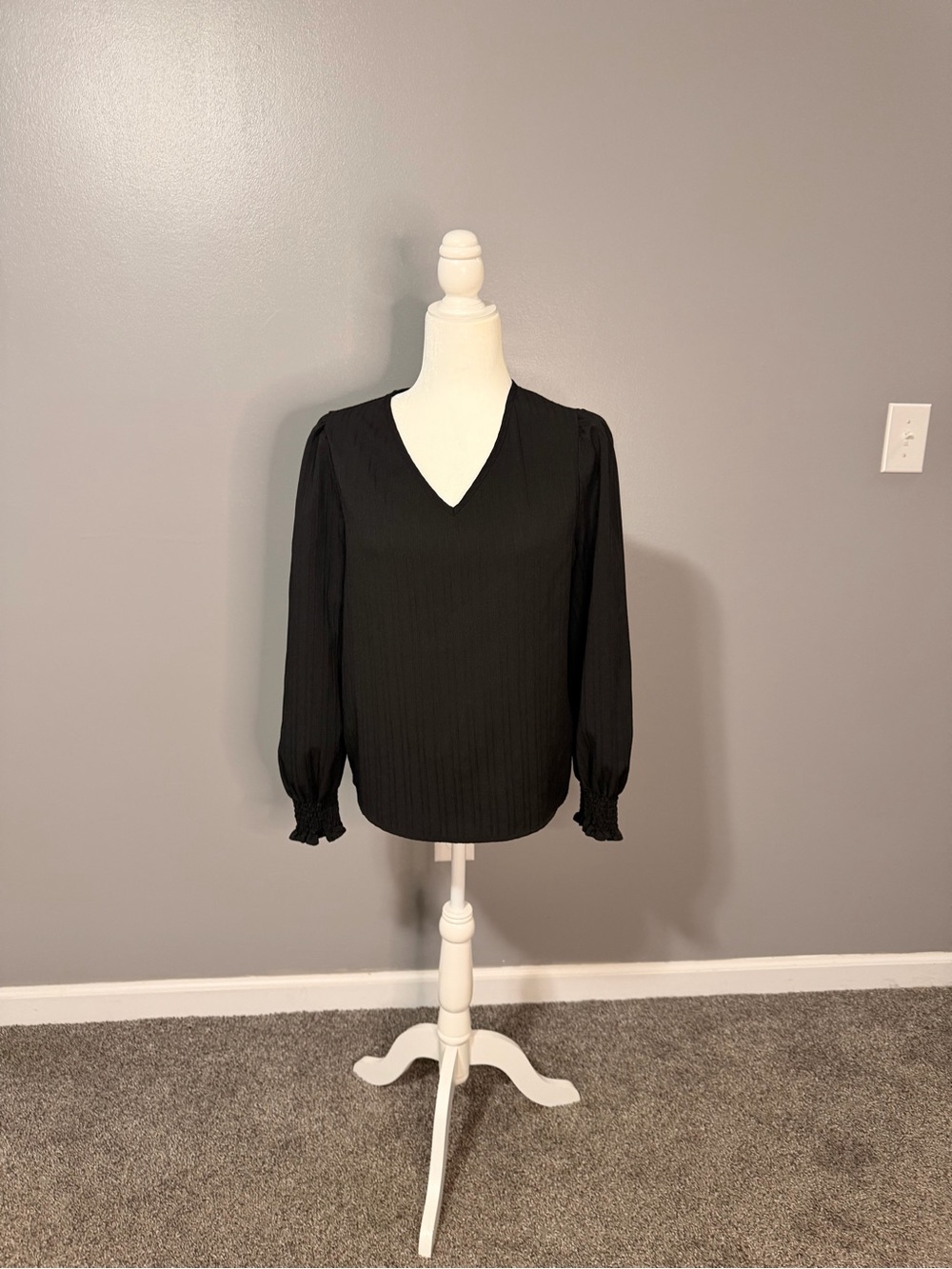 Black V-Neck Long Sleeve Blouse with Smocked Cuffs